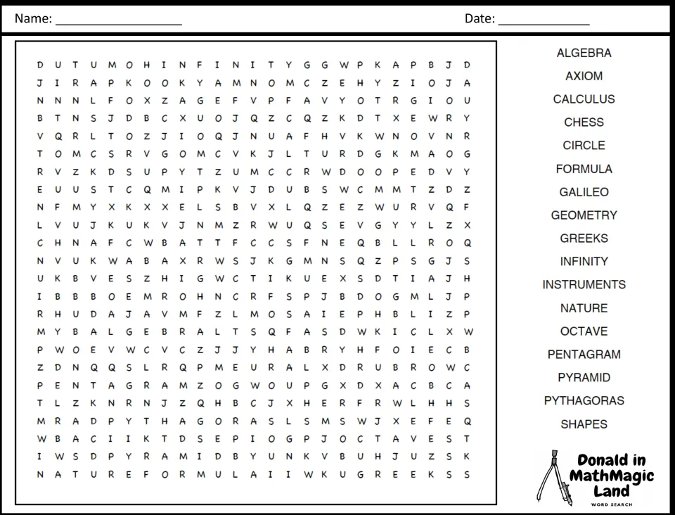 Video vocabulary word search: students find 17 terms such as algebra, axiom, octave, Pythagoras and Galileo