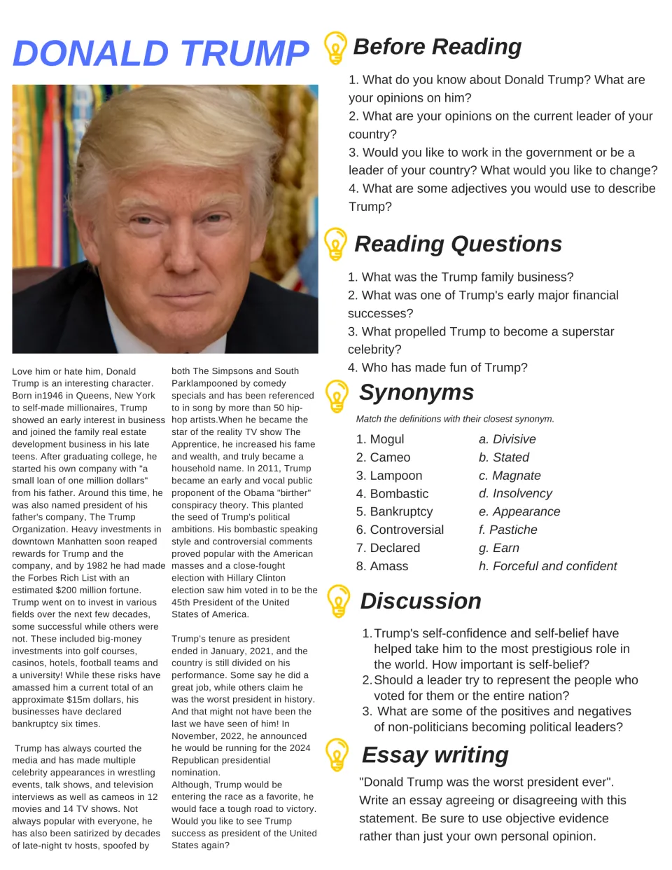 ESL reading on Donald Trump's business and political career, with questions, synonyms, discussion, and an essay
