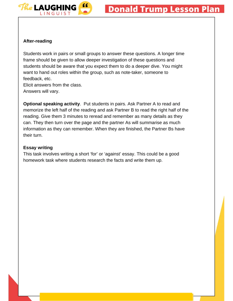 Lesson plan continuation: group discussion, partner memorization and summarizing, and a for-or-against essay