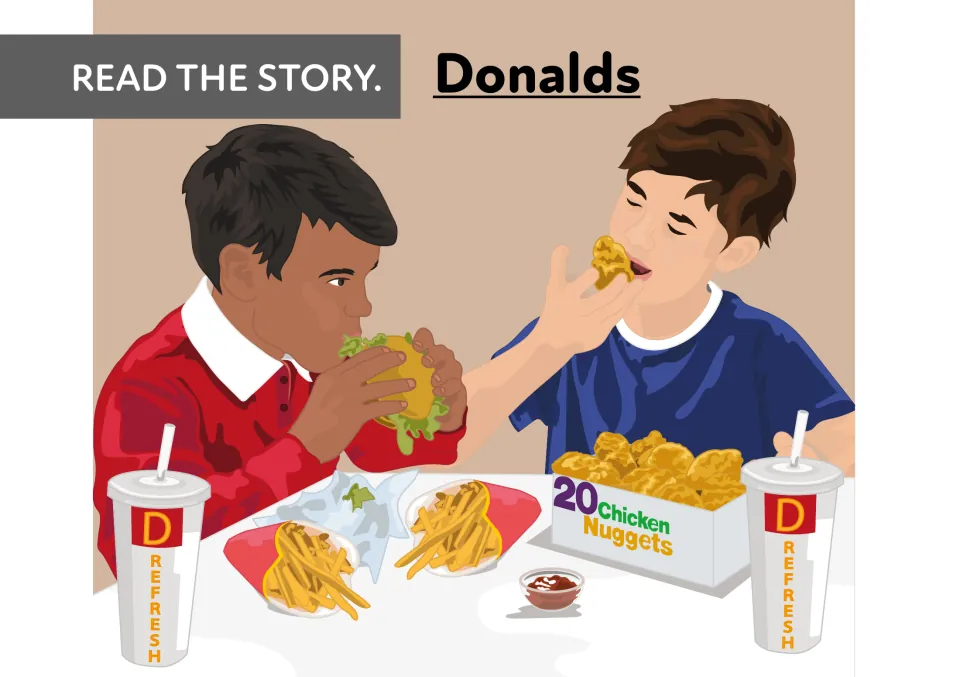 Story title page "Donalds" with a Read the Story prompt: two boys eat a burger, chicken nuggets and fries with drinks