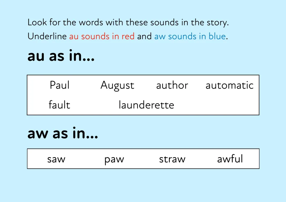 au and aw word hunt: students underline au words like author in red and aw words like straw in blue as they read the story