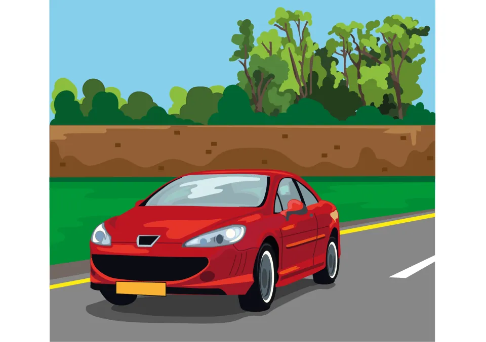 Story illustration of a red car driving along a road past green trees, showing Uncle Paul's drive into town
