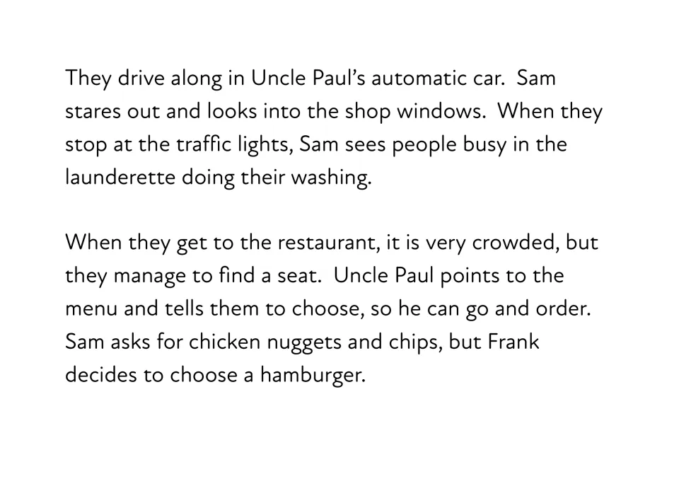 Story text: the drive in an automatic car past a launderette, then the boys order chicken nuggets, chips and a hamburger
