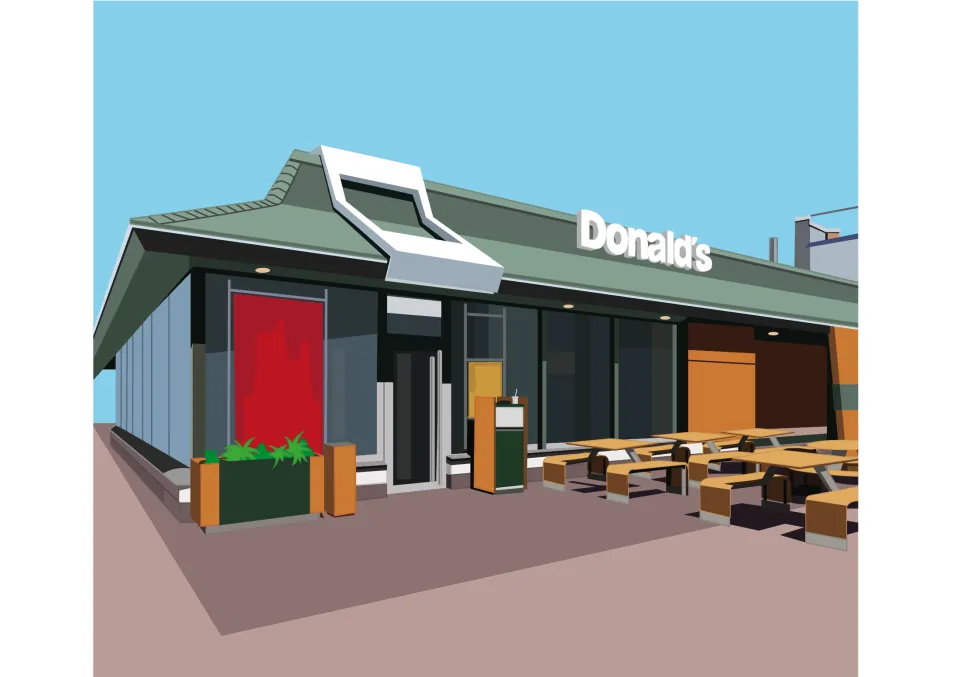 Story illustration of the Donald's fast food restaurant building with outdoor picnic tables in front