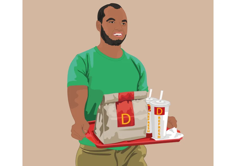 Story illustration of Uncle Paul smiling as he carries a tray with a Donald's food bag and two drinks with straws