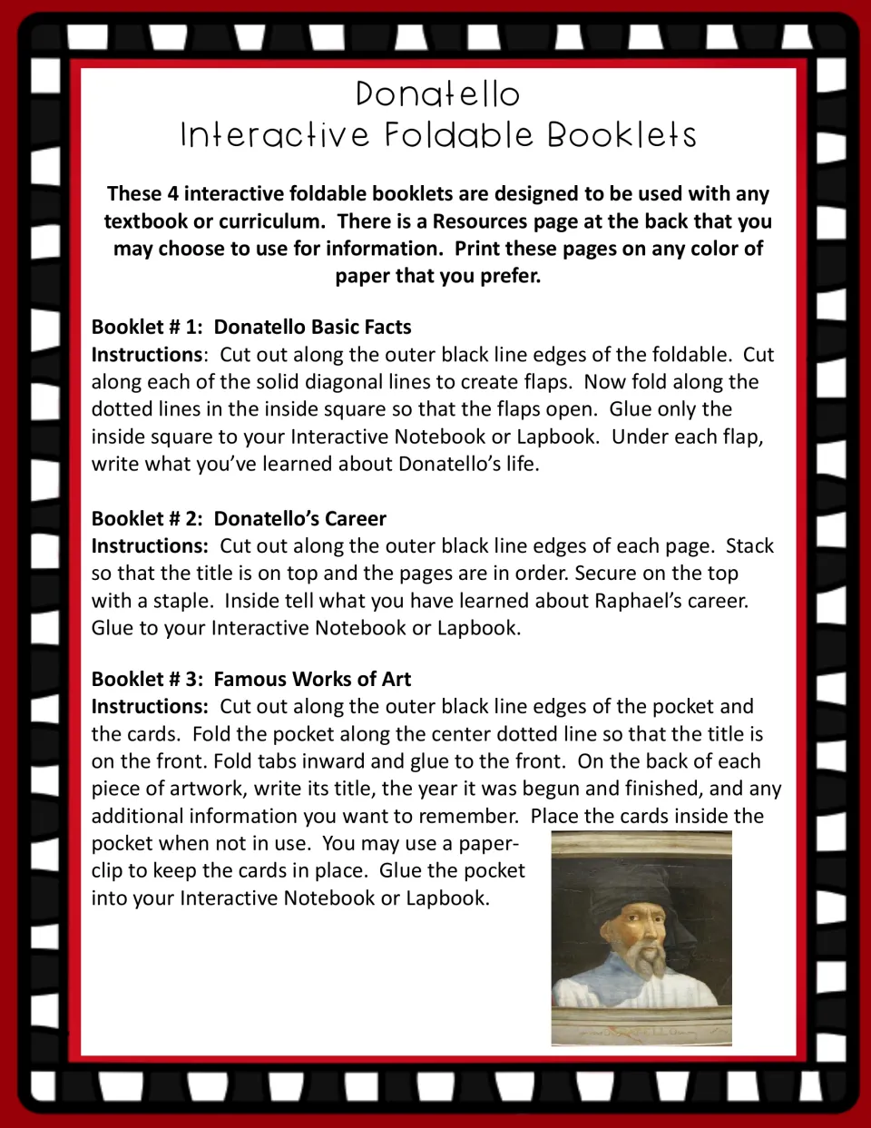 Assembly instructions for the basic facts flap booklet, career booklet, and pocket of Donatello artwork cards