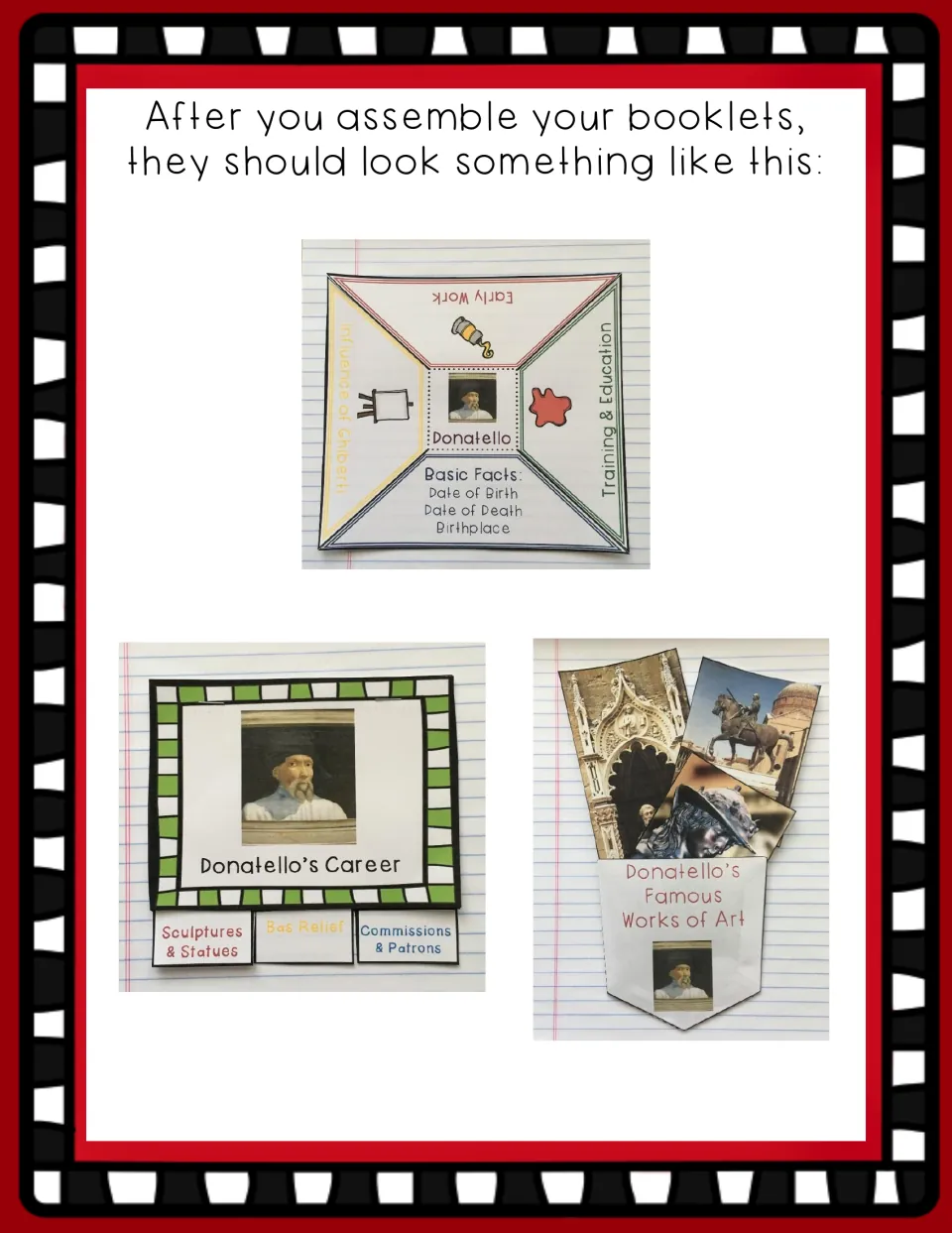 Completed examples show the Donatello facts foldable, career booklet, and artwork pocket holding three cards