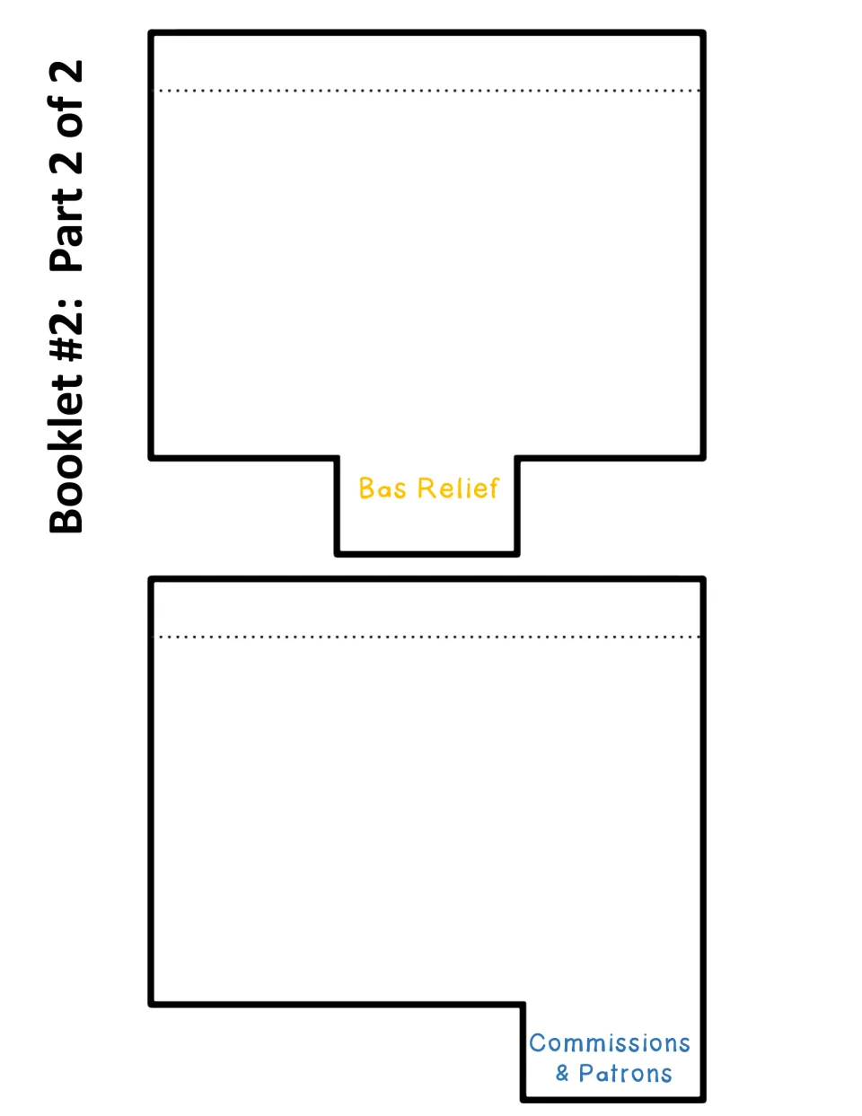 Career booklet part 2 provides two blank topic pages labeled Bas Relief and Commissions & Patrons for notes