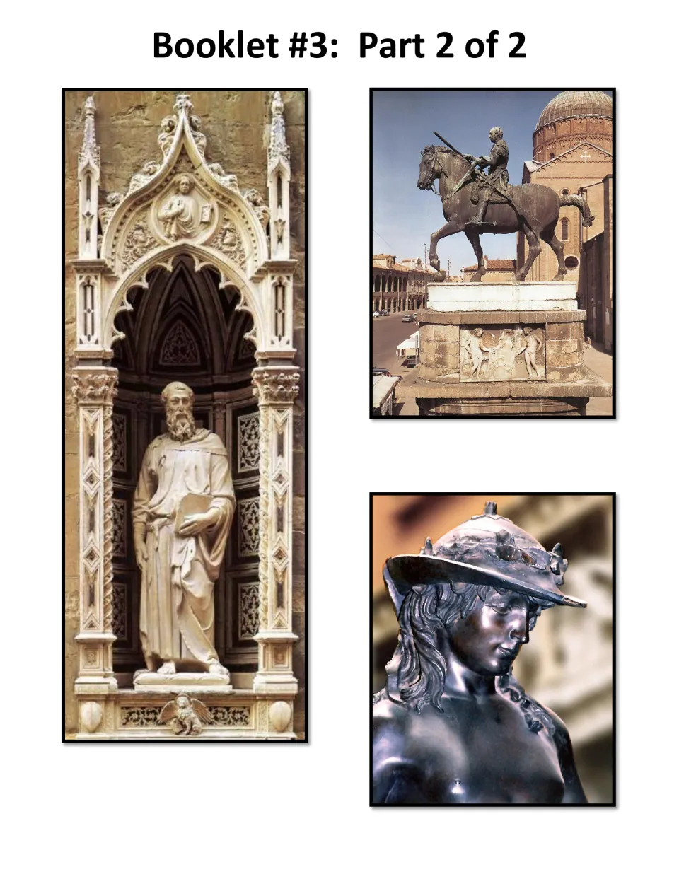 Three artwork cards for the pocket show a standing robed figure, a rider on horseback, and a bronze David detail