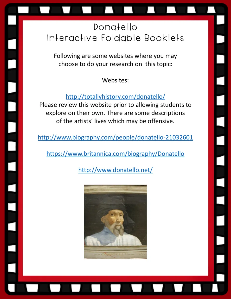 Research reference page lists Donatello websites from Totally History, Biography, Britannica, and donatello.net