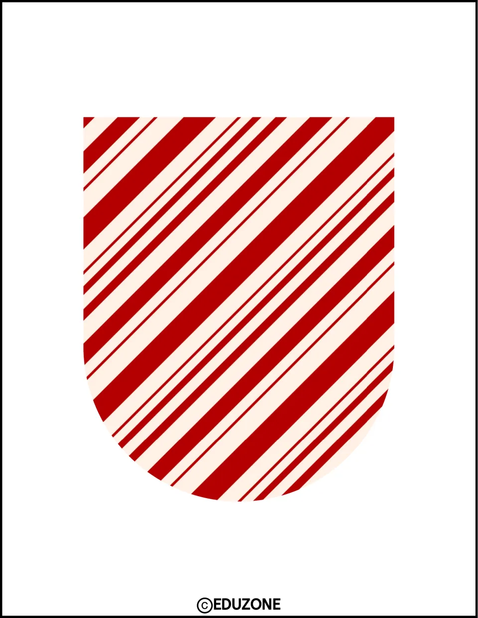 Christmas decor cut-out shape with a rounded bottom printed in red and cream diagonal candy cane stripes