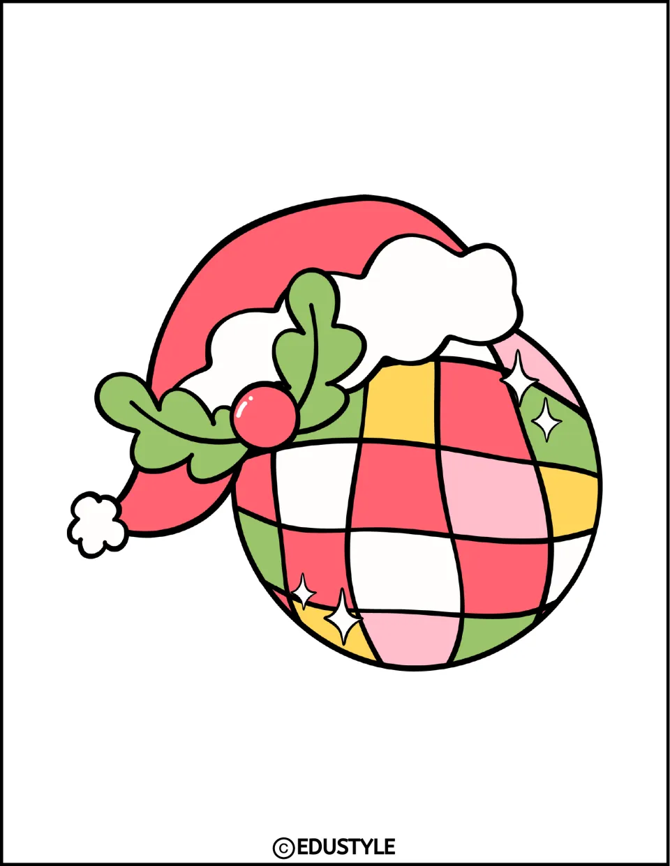 Checkered pink, red, green and yellow disco ball ornament with a Santa hat drooping left and a holly sprig, in color