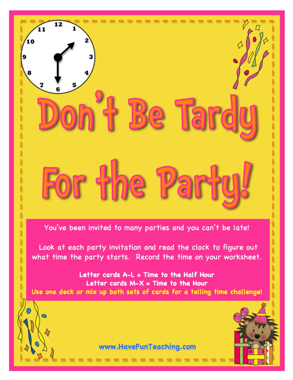 Party-themed telling time cover with directions: read each invitation clock; cards A-L show half hours, M-X show hours