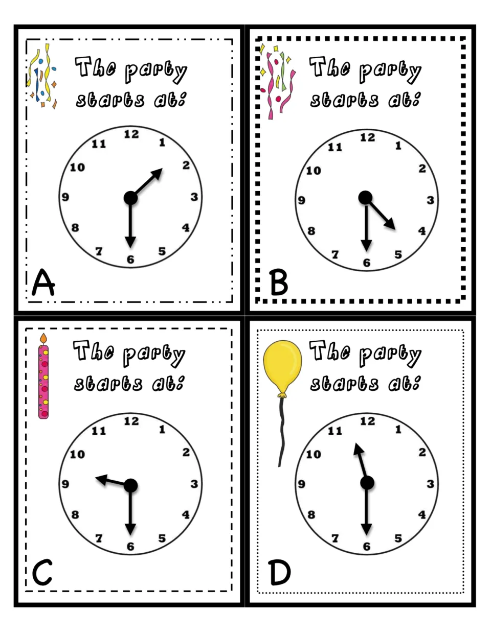 Invitation cards A to D, each reading 'The party starts at:' with an analog clock for students to read to the half hour