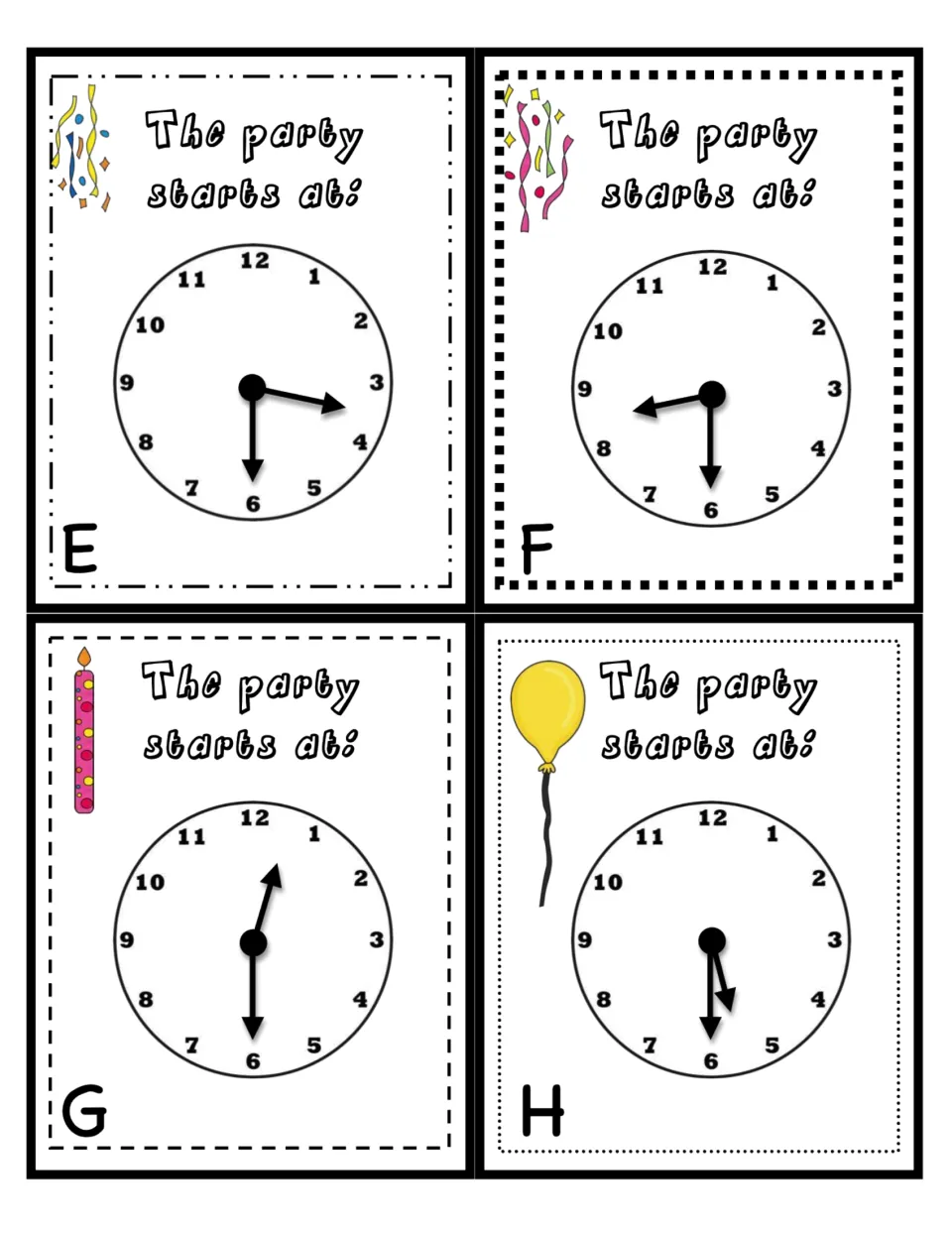 Invitation cards E to H: students read the analog clock on each party card and tell the time to the half hour