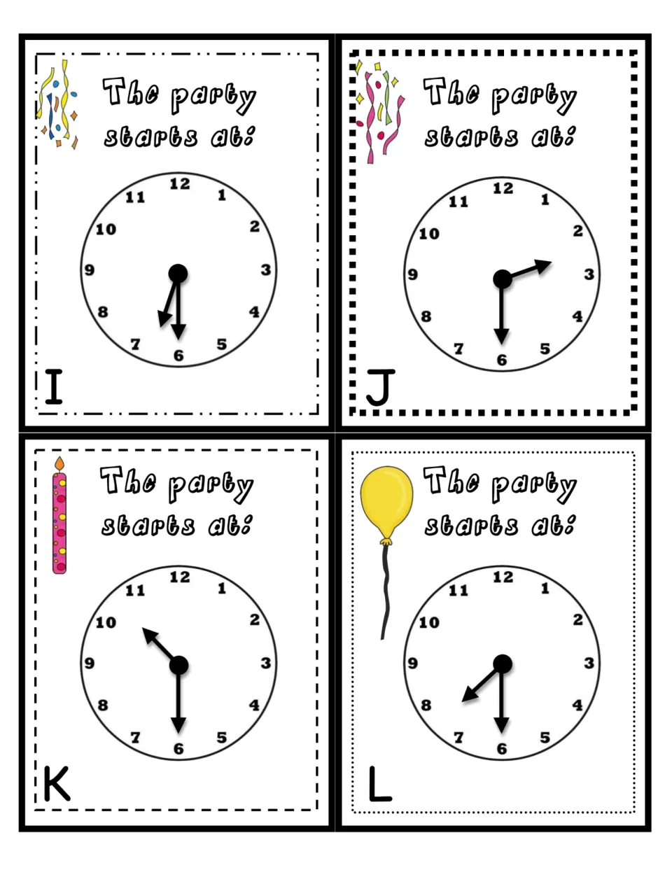 Invitation cards I to L finish the half-hour deck; each party clock has the minute hand on 6 for students to read