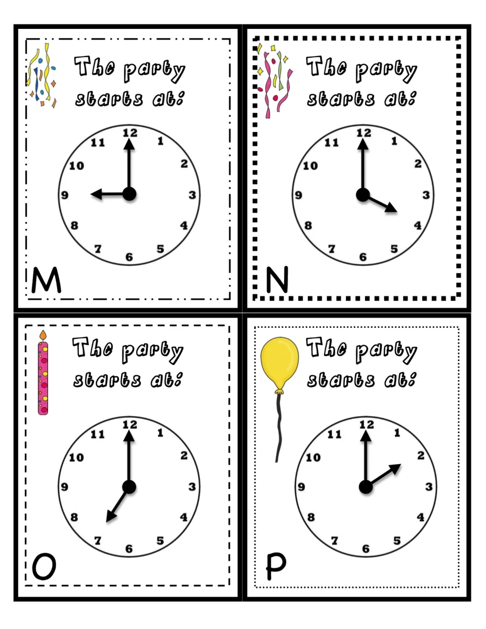 Invitation cards M to P begin the hour deck: students read each analog clock showing a time to the hour