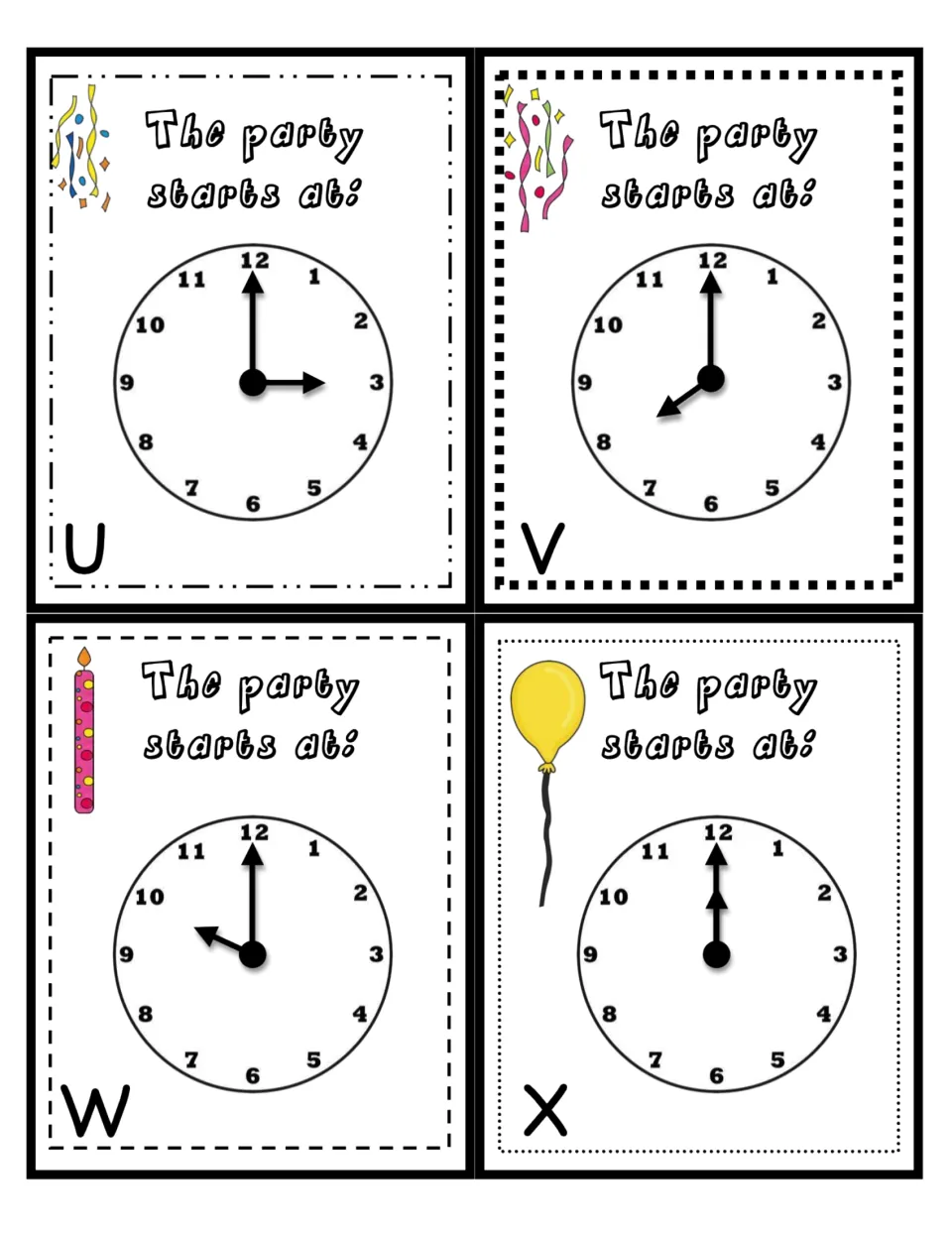 Invitation cards U to X close the hour deck; students read each o'clock party clock and record when the party starts