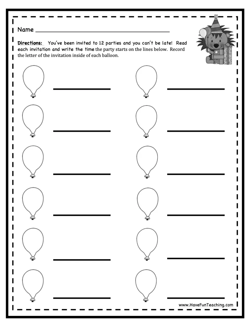 Recording sheet for 12 parties: students write the start time read from each invitation and its letter in a balloon
