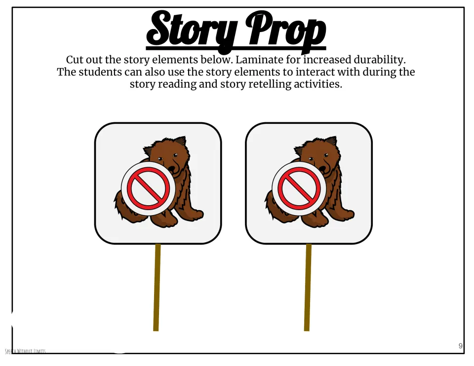 Two matching story props show a bear behind a prohibition symbol for participation in reading and retelling