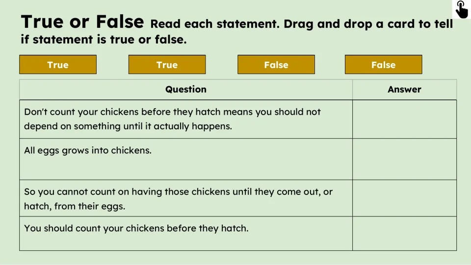 True or False activity asks students to sort four statements about the expression using draggable cards