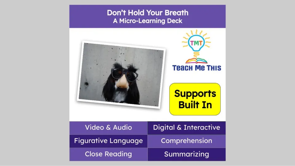 Cover of Don't Hold Your Breath, a micro-learning deck on figurative language, comprehension, and summarizing