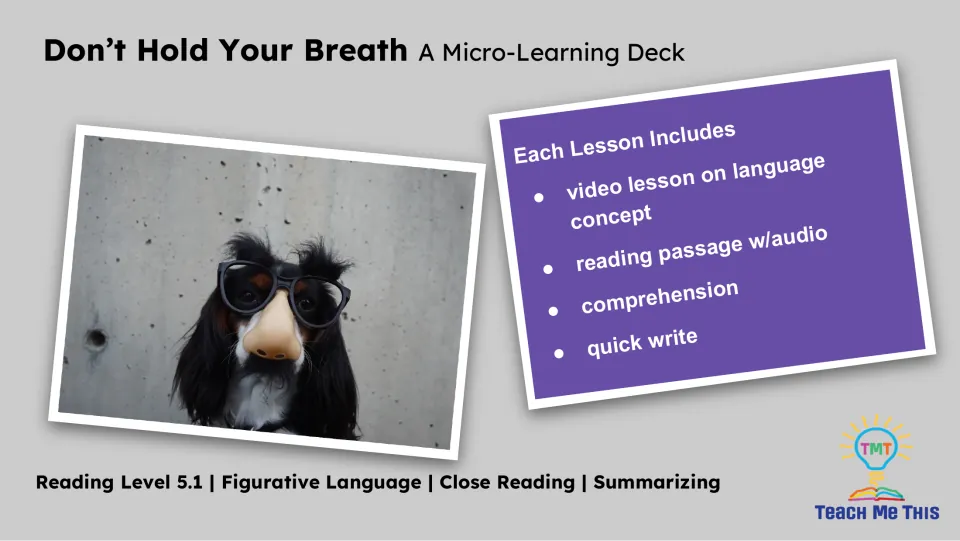 Lesson overview lists a language concept video, reading passage with audio, comprehension, and quick write