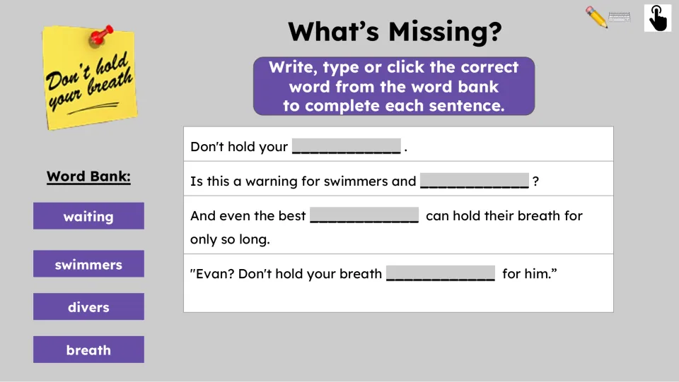 Missing-word practice asks students to complete four passage sentences using waiting, swimmers, divers, and breath