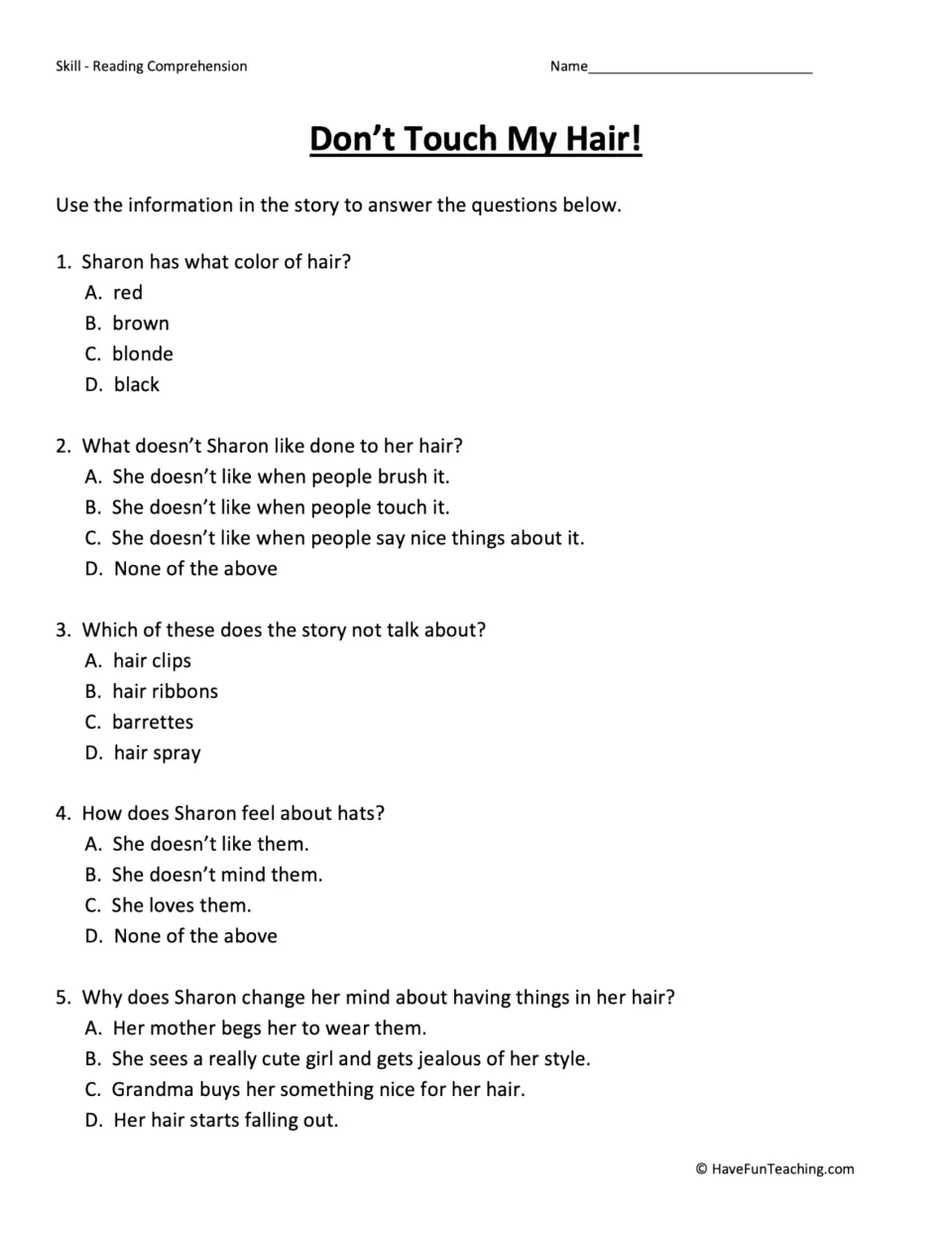 Five multiple-choice comprehension questions about Sharon's hair and hats; students answer using details from the story