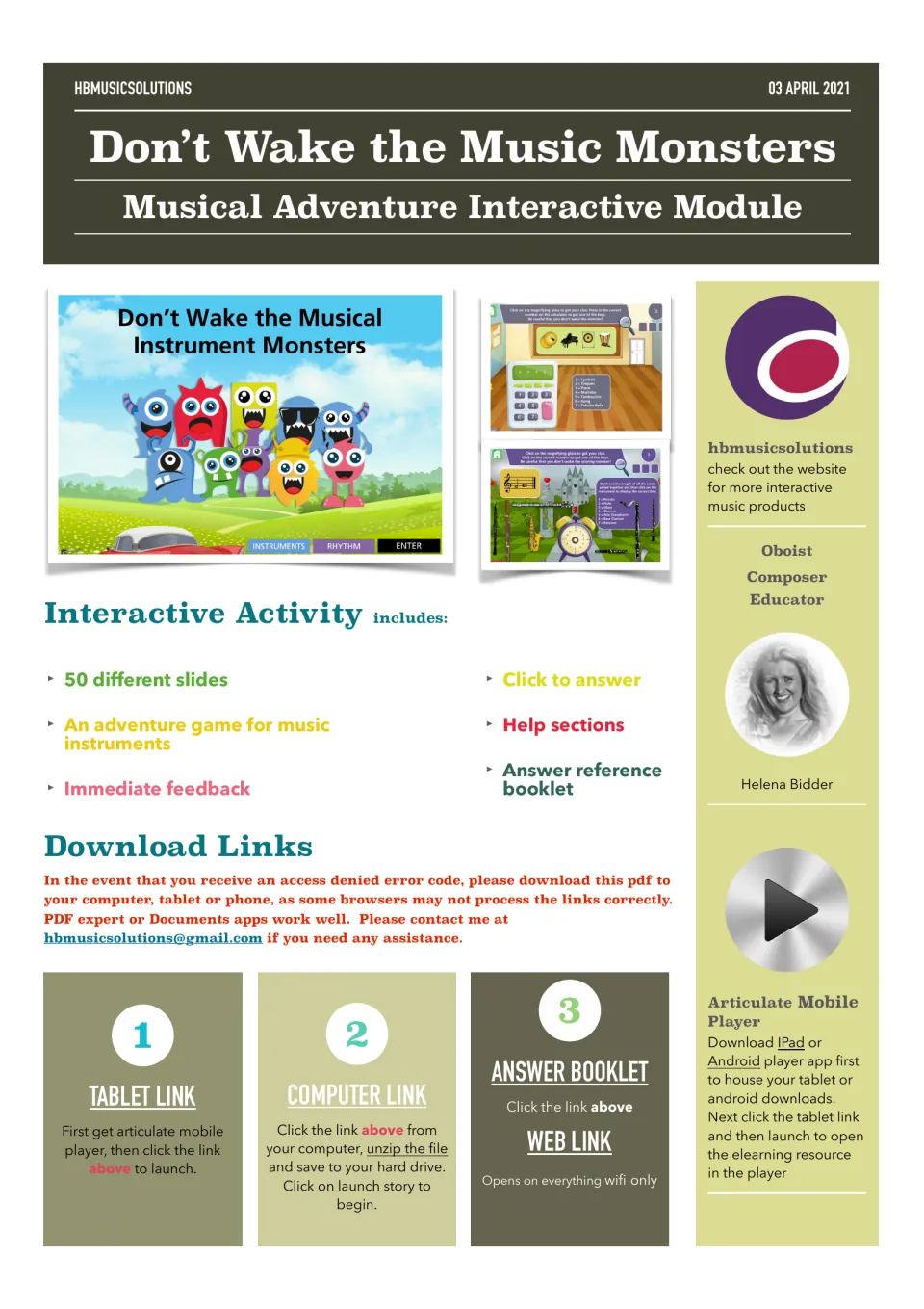 Don't Wake the Music Monsters cover: 50-slide instrument adventure game with feedback, help and an answer booklet