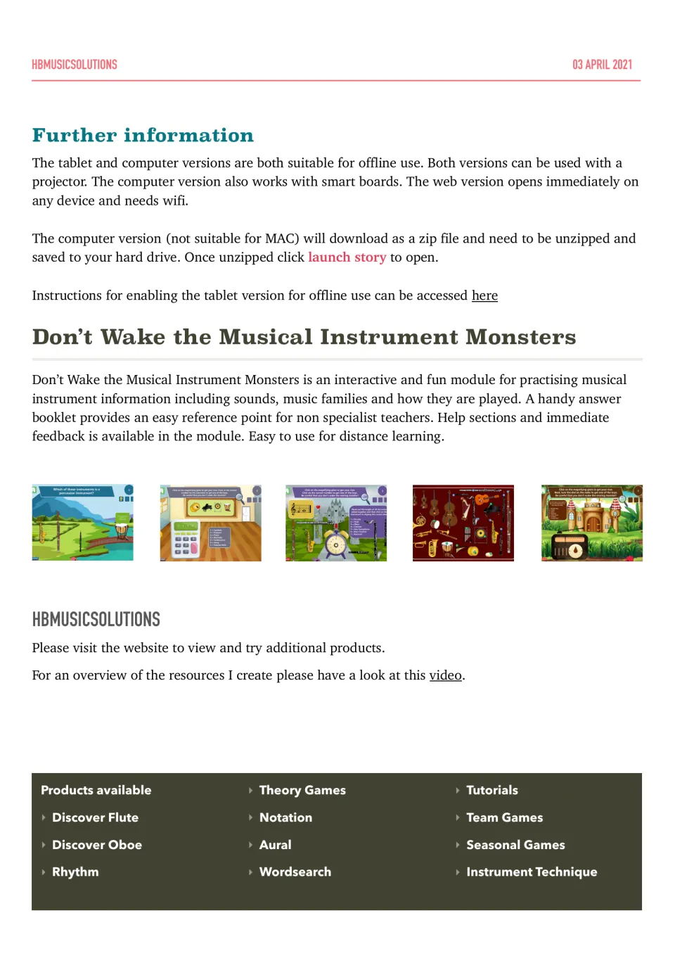 Setup notes on offline, projector and smart board use and a summary of the game on instrument sounds, families and playing
