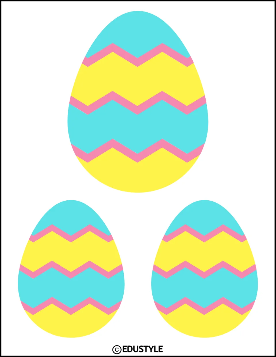 Three Easter egg decorations, one large and two small, with turquoise, yellow, and pink zigzag patterns