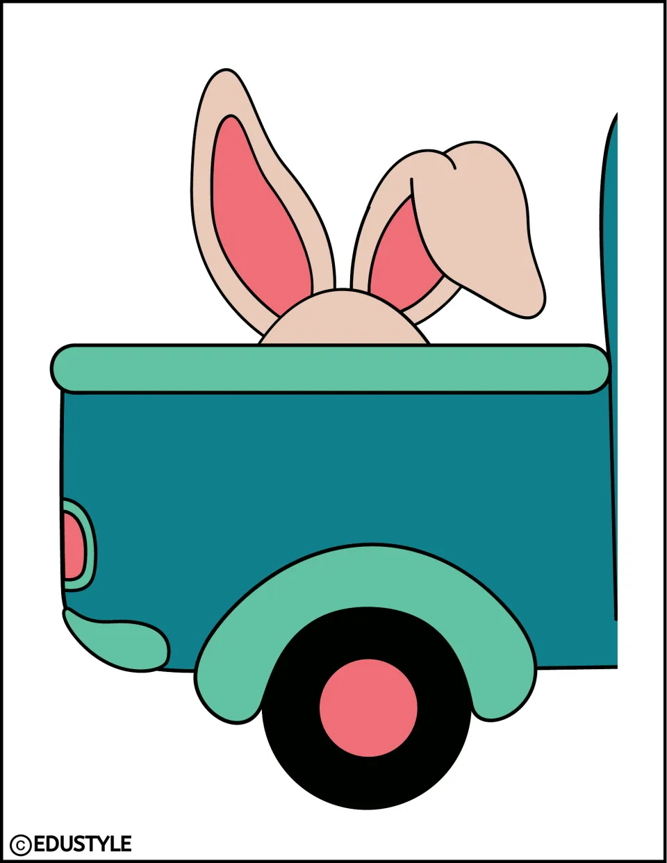 Rear section of the large teal truck decoration, with bunny ears in the bed, for the Easter display kit