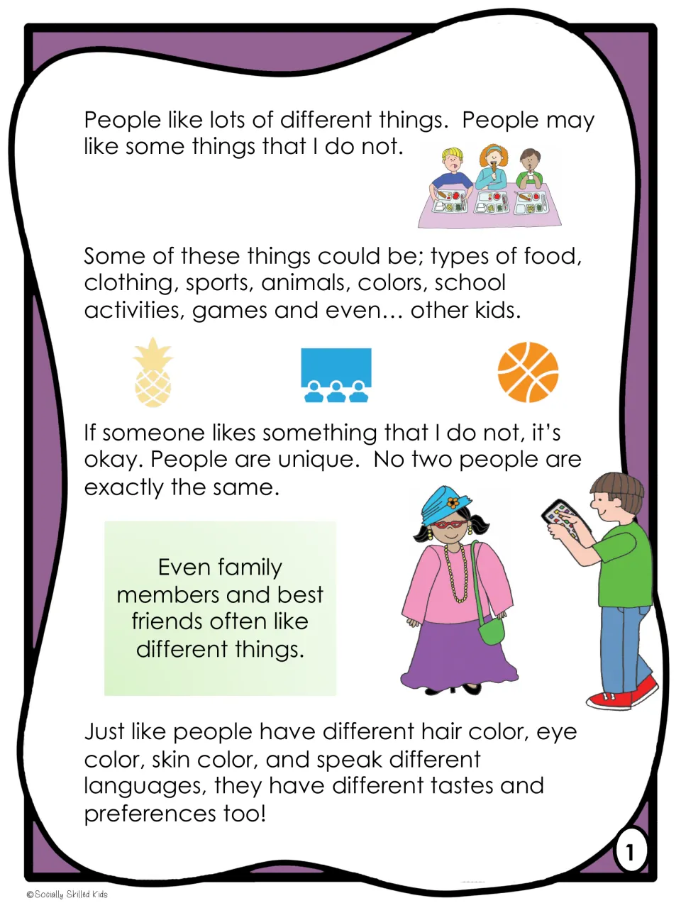 Story page 1 explains that people have different tastes in food, clothing, sports, games, and activities