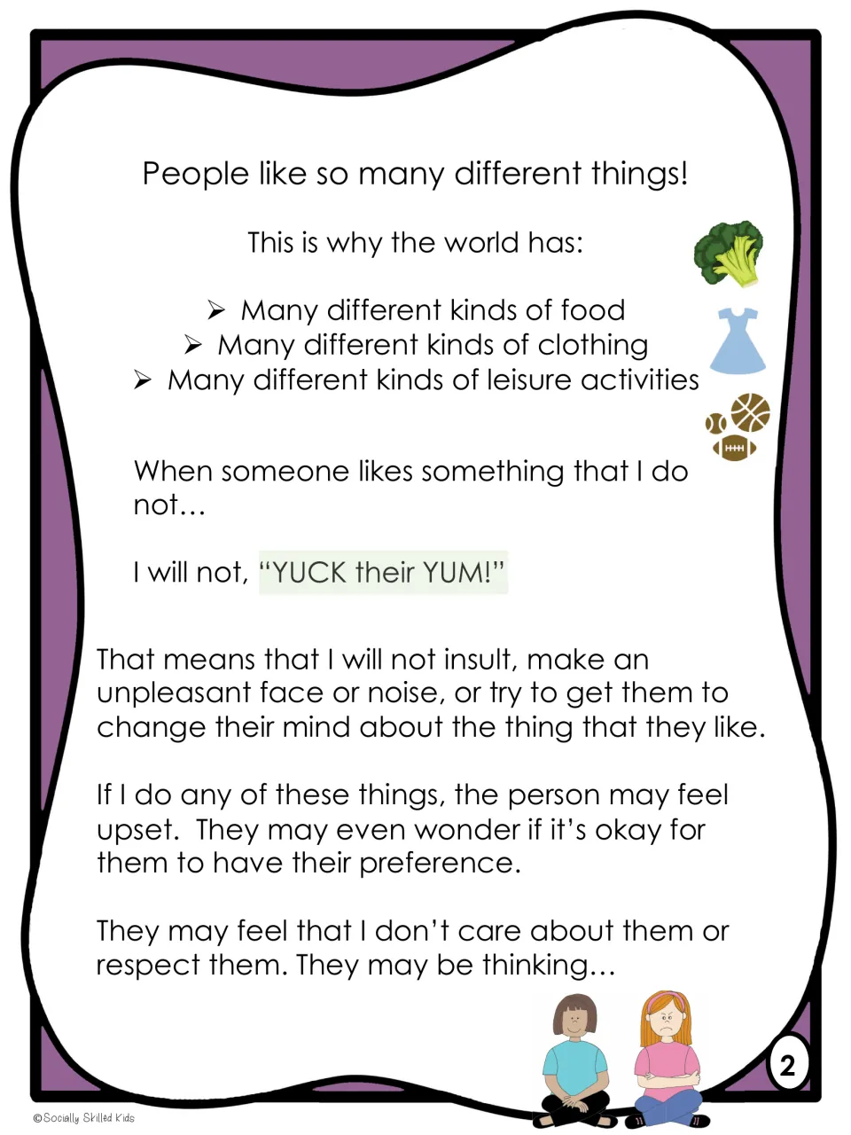 Story page 2 explains how insults, unpleasant faces, and noises about others' preferences can hurt feelings