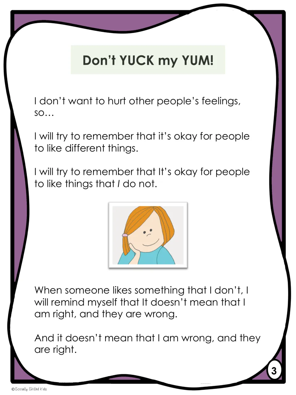 Story page 3, illustrated with a girl, explains that different preferences do not make either person wrong