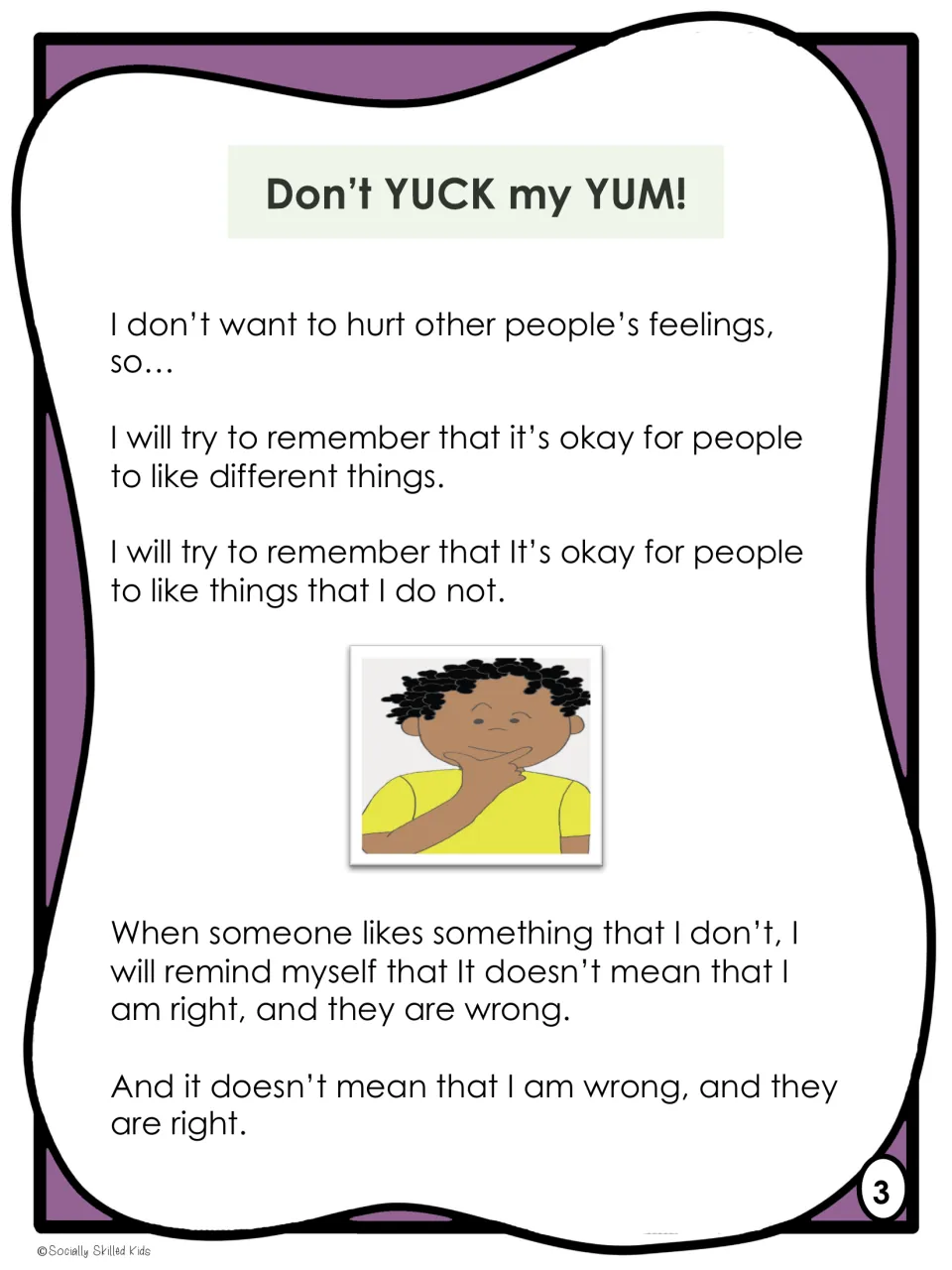 Story page 3, illustrated with a boy, reminds readers that it is okay for people to like different things