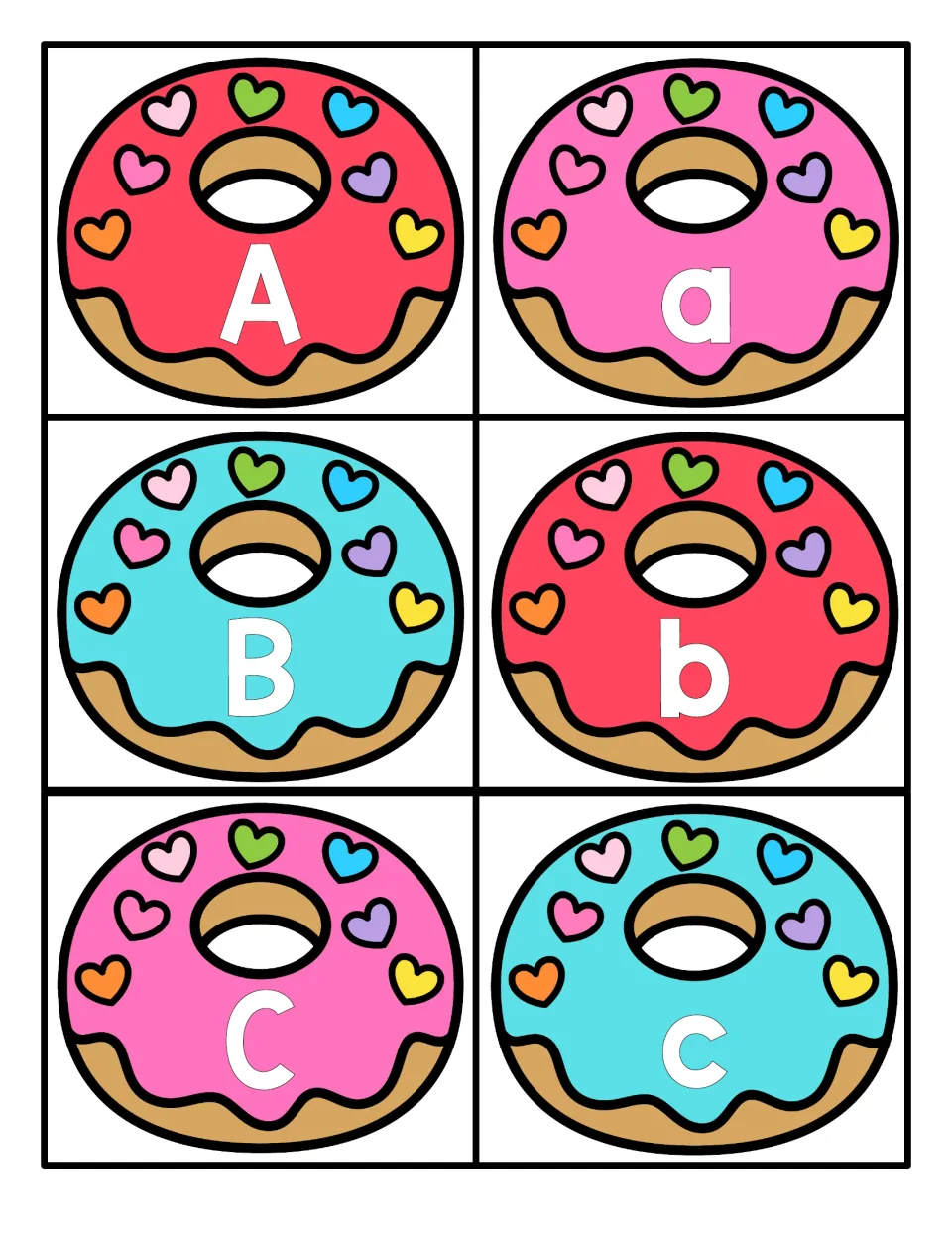 Letters A to C: six heart-sprinkled donut cards pair uppercase A, B, C with lowercase a, b, c for matching letter cases