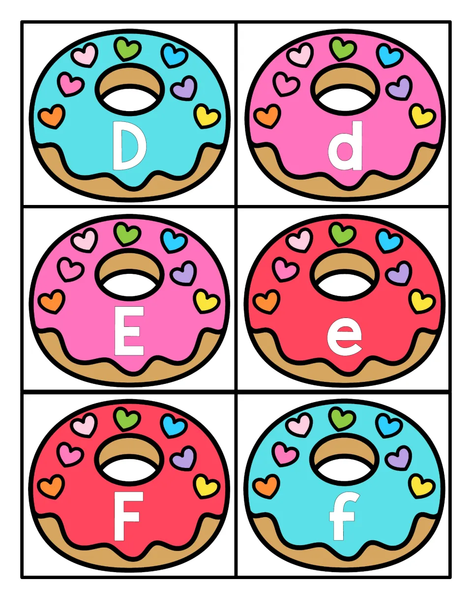Letters D to F: red, pink and blue frosted donuts show D, d, E, e, F, f so children match each capital to its lowercase