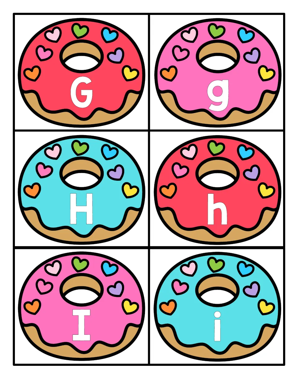 Letters G to I: donut cards with capital G, H, I and lowercase g, h, i for pairing upper- and lowercase letter forms
