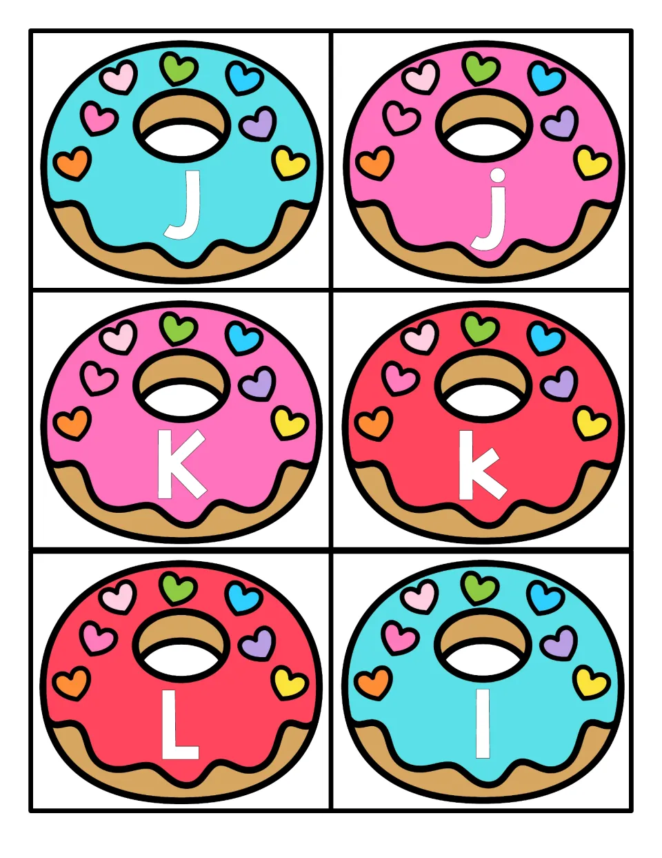 Letters J to L: frosted donut cards show J, j, K, k, L, l so learners find the lowercase partner of each capital