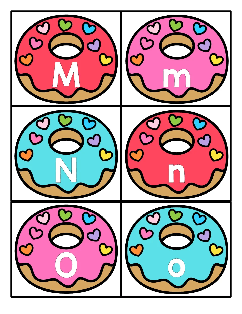 Letters M to O: six donuts with hearts printed with M, m, N, n, O, o for practising uppercase and lowercase recognition