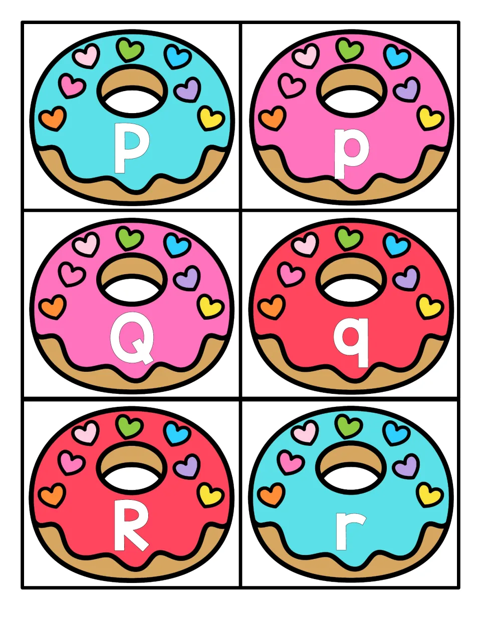Letters P to R: donut cards with P, p, Q, q, R, r for matching capitals to their lowercase forms
