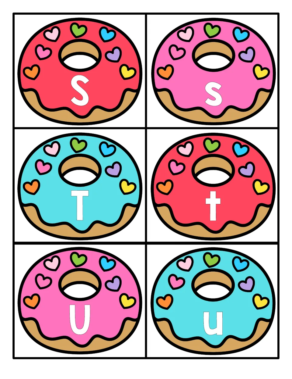Letters S to U: pink, red and blue donut cards labeled S, s, T, t, U, u for sorting and matching letter cases