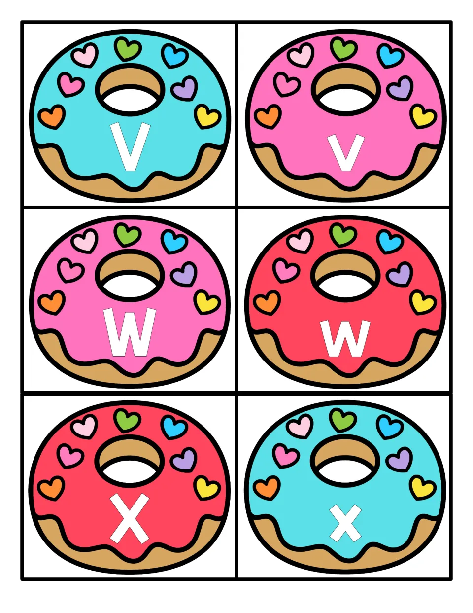 Letters V to X: heart-topped donut cards with V, v, W, w, X, x for pairing each uppercase letter with its lowercase form