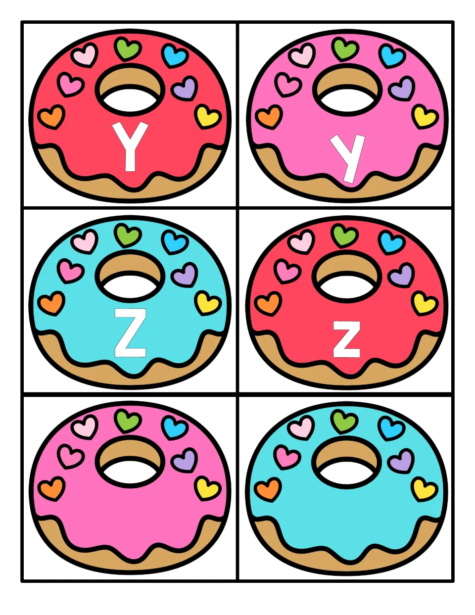 Letters Y and Z: donut cards for Y, y, Z, z to finish the alphabet match, plus two blank donuts with no letter