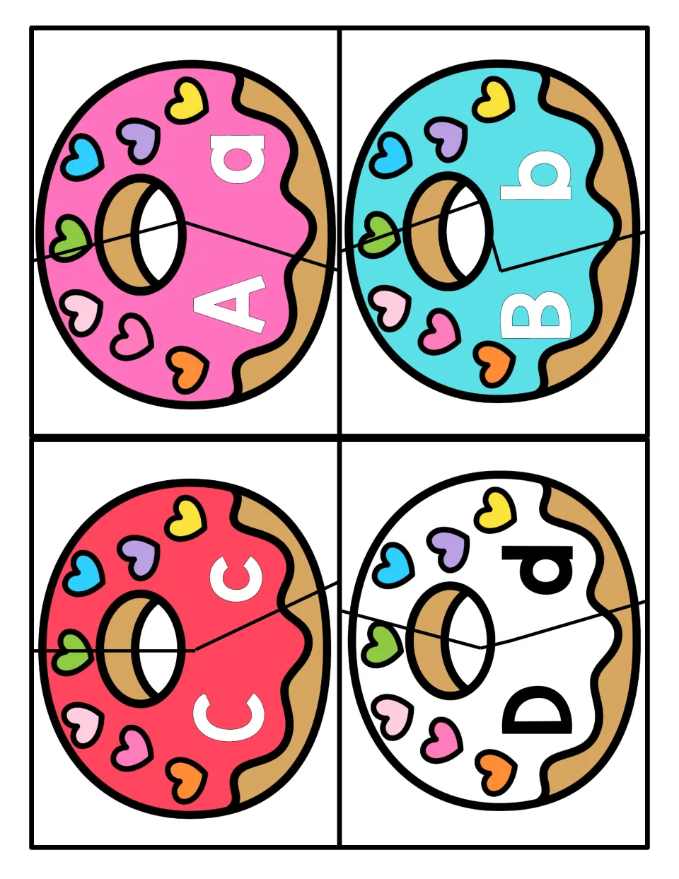 Uppercase and lowercase letter matching for A to D: students join two halves of each heart-sprinkled donut puzzle