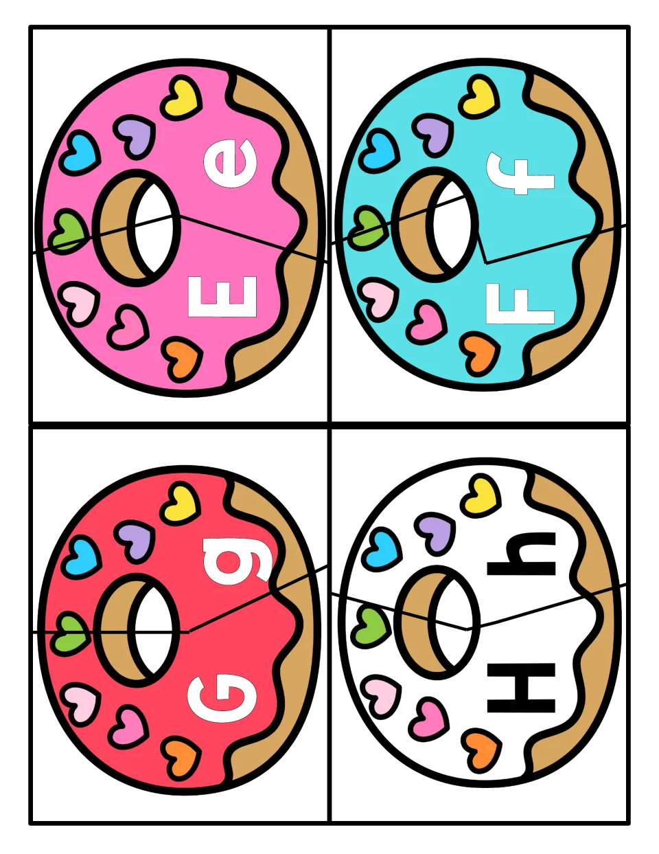 Letter matching for E to H: each donut splits into two pieces, one with the capital and one with the small letter