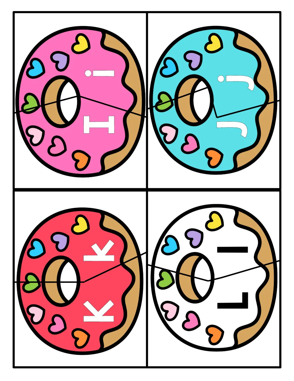 Matching capital and lowercase I, J, K and L: students fit each donut's two halves together to pair the letters