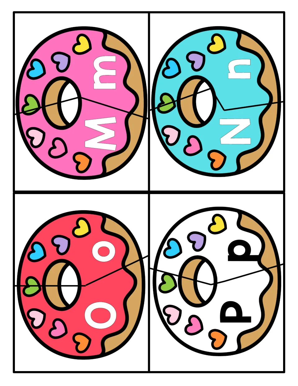Letter pairs M, N, O and P: children connect the uppercase half of each donut to its matching lowercase half